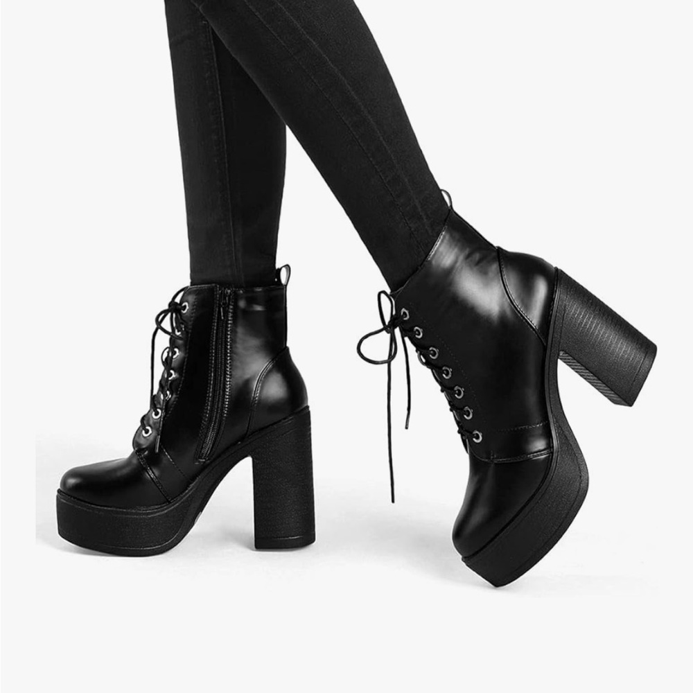 Black Platform Chunky High Heel Lace Up Combat Boots